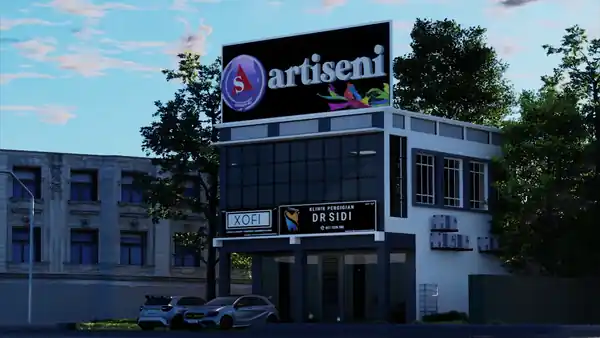 Artiseni HQ lightbox signage, day to night