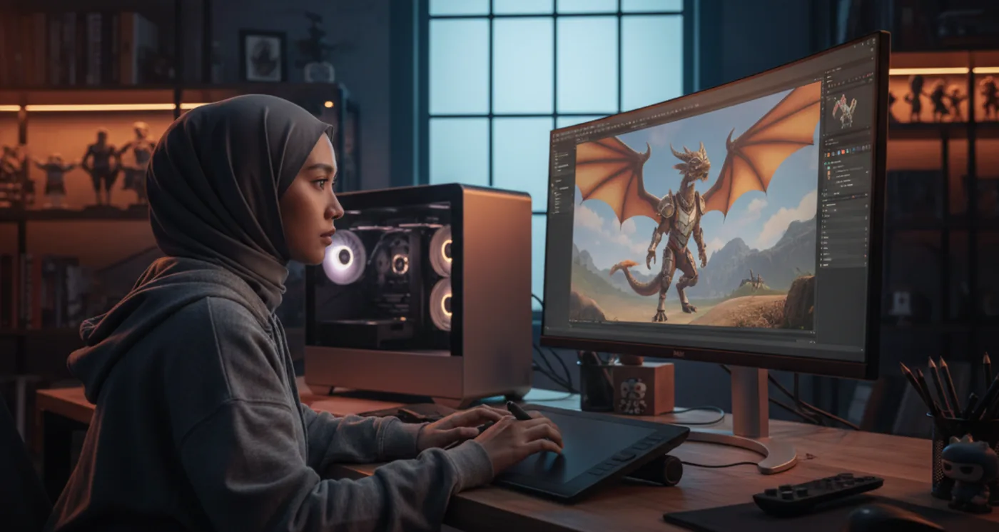 Animator working on a 3D dragon
