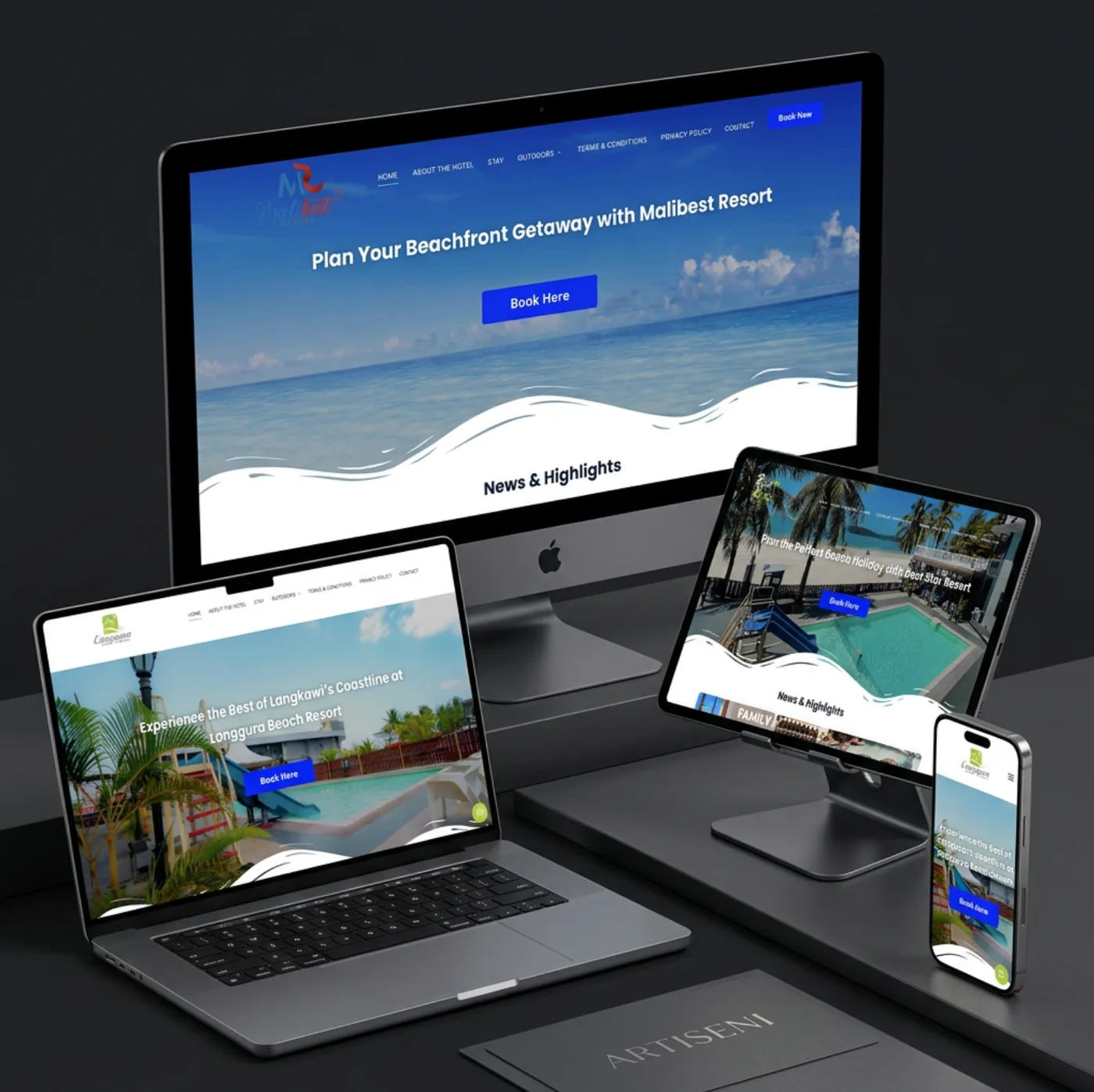 Malibest Resort website on several devices